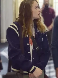 Asal Vision Cotton Jackets | A Family Affair Joey King Varsity Jacket Navy Blue