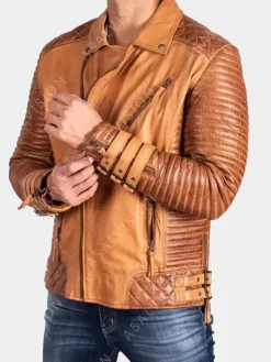 Asal Vision Brown Jackets | Quilted Jackets | Adrian Quilted Biker Leather Jacket Mens Tan Brown
