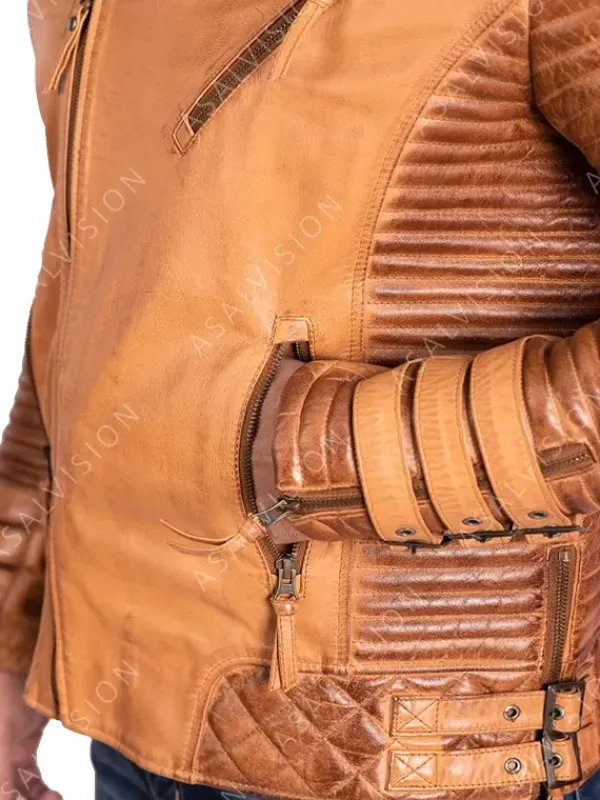 Asal Vision Brown Jackets | Quilted Jackets | Adrian Quilted Biker Leather Jacket Mens Tan Brown