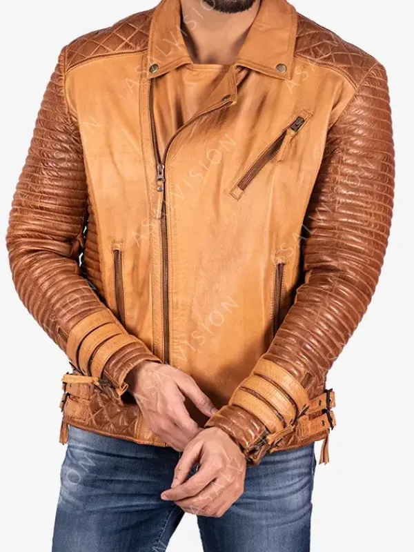 Asal Vision Brown Jackets | Quilted Jackets | Adrian Quilted Biker Leather Jacket Mens Tan Brown