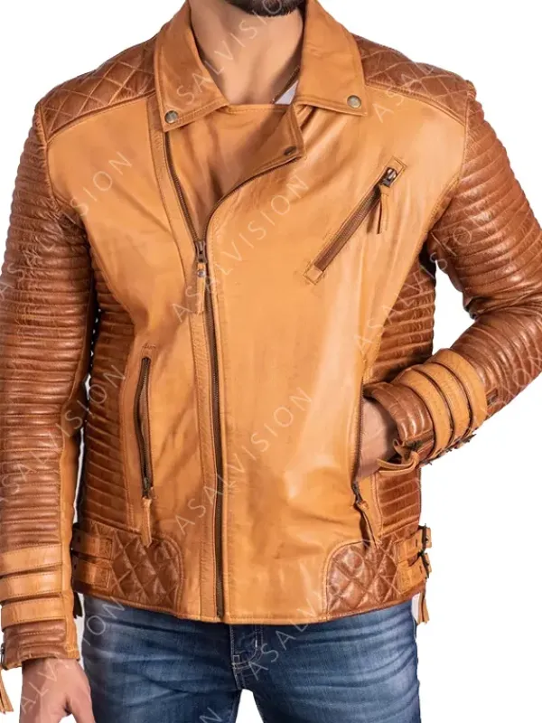 Asal Vision Brown Jackets | Quilted Jackets | Adrian Quilted Biker Leather Jacket Mens Tan Brown