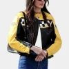 Asal Vision Leather Jackets | Aspen Trip 2023 Kendall Jenner Jacket Black, Yellow, And White