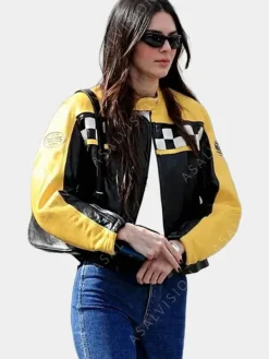 Asal Vision Leather Jackets | Aspen Trip 2023 Kendall Jenner Jacket Black, Yellow, And White