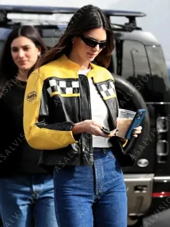 Asal Vision Leather Jackets | Aspen Trip 2023 Kendall Jenner Jacket Black, Yellow, And White