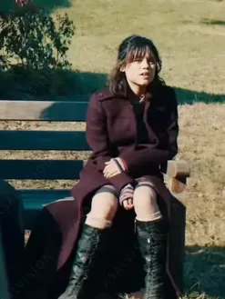 Asal Vision Women Coats | Beetlejuice 2024 Jenna Ortega Wool Long Coat Maroon