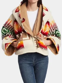 Asal Vision Women Coats | Beth Dutton Aztec Poncho Style Printed Wool Coat Printed Design