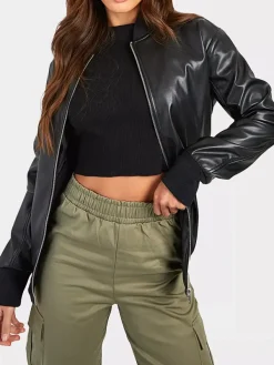 Asal Vision Black Jackets | Bomber Jackets | Oversized Bomber Leather Jacket For Women Black