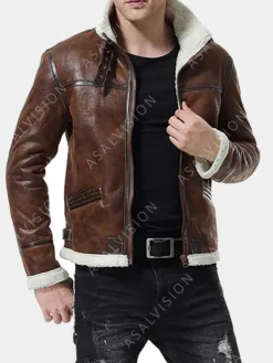 Asal Vision Brown Jackets | Leather Jackets | Bomber Waxed Shearling Leather Jacket Mens Brown
