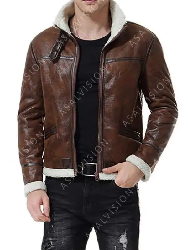 Asal Vision Brown Jackets | Leather Jackets | Bomber Waxed Shearling Leather Jacket Mens Brown