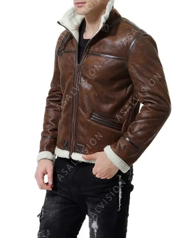 Asal Vision Brown Jackets | Leather Jackets | Bomber Waxed Shearling Leather Jacket Mens Brown