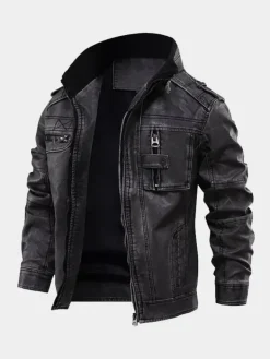 Asal Vision Black Jackets | Cafe Racer Jackets | Cafe Racer Men’s Distressed Stand Up Collar Leather Jacket Black