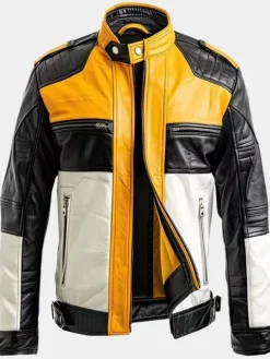 Asal Vision Cafe Racer Jackets | Biker Jackets | Cafe Racer Retro Leather Jacket For Men White, Black & Yellow
