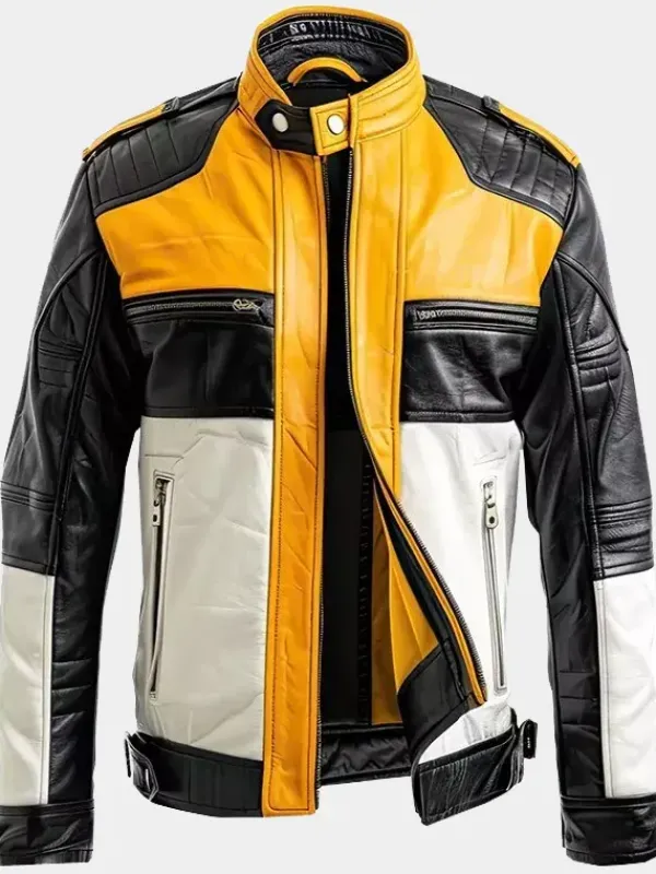 Asal Vision Cafe Racer Jackets | Biker Jackets | Cafe Racer Retro Leather Jacket For Men White, Black & Yellow