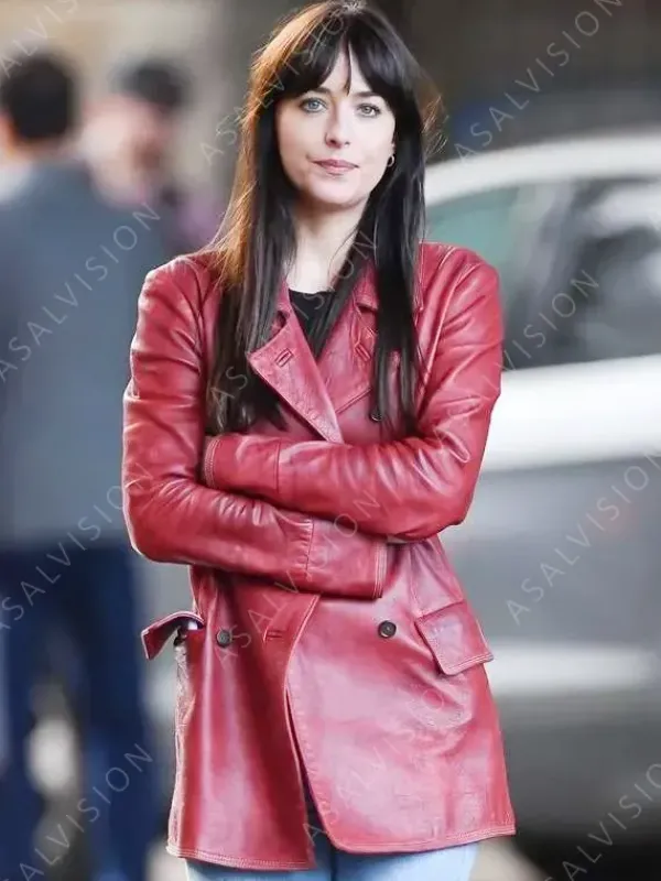 Asal Vision Women Coats | Leather Jackets | Dakota Johnson Madame Web 2024 Red Leather Coat Red Waxed