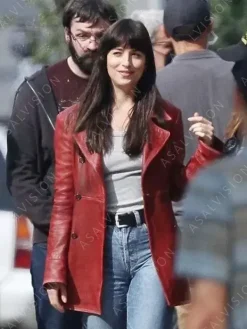 Asal Vision Women Coats | Leather Jackets | Dakota Johnson Madame Web 2024 Red Leather Coat Red Waxed