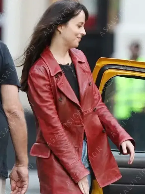 Asal Vision Women Coats | Leather Jackets | Dakota Johnson Madame Web 2024 Red Leather Coat Red Waxed