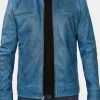 Asal Vision Blue Jackets | Cafe Racer Jackets | Declan Men’s Vintage Blue Cafe Racer Leather Jacket Waxed Blue