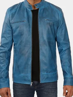 Asal Vision Blue Jackets | Cafe Racer Jackets | Declan Men’s Vintage Blue Cafe Racer Leather Jacket Waxed Blue