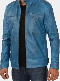 Asal Vision Blue Jackets | Cafe Racer Jackets | Declan Men’s Vintage Blue Cafe Racer Leather Jacket Waxed Blue