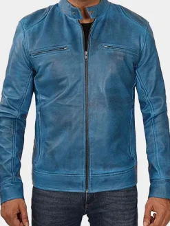 Asal Vision Blue Jackets | Cafe Racer Jackets | Declan Men’s Vintage Blue Cafe Racer Leather Jacket Waxed Blue