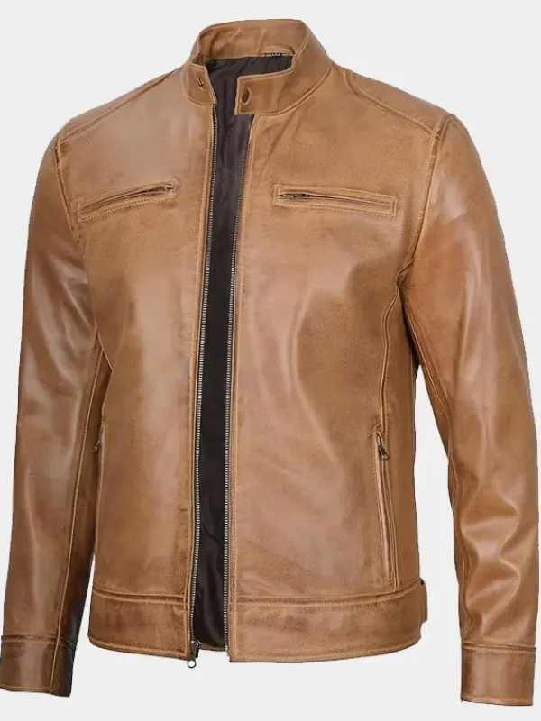 Asal Vision Cafe Racer Jackets | Biker Jackets | Declan Tan Cafe Racer Leather Jacket For Men Waxed Tan
