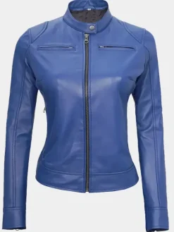 Asal Vision Blue Jackets | Biker Jackets | Declan Women’s Cafe Racer Leather Jacket Blue
