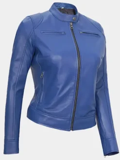 Asal Vision Blue Jackets | Biker Jackets | Declan Women’s Cafe Racer Leather Jacket Blue