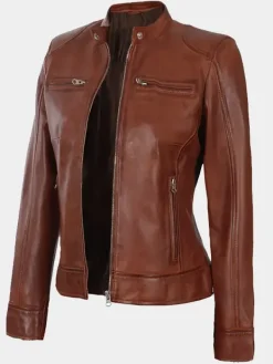 Asal Vision Brown Jackets | Biker Jackets | Declan Women’s Brown Cafe Racer Moto Leather Jacket Waxed Brown