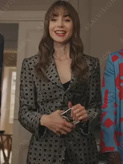 Asal Vision Blazers | Emily Cooper Emily in Paris Season 3 Block Printed Blazer Black And Grey Printed