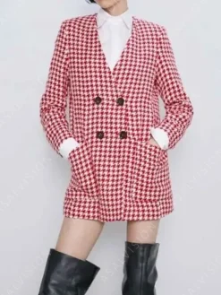 Asal Vision Women Coats | Emily Cooper Emily in Paris Houndstooth Red Coat Same As Image