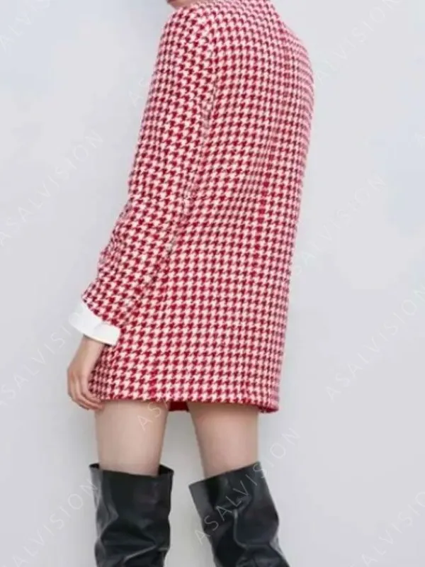 Asal Vision Women Coats | Emily Cooper Emily in Paris Houndstooth Red Coat Same As Image