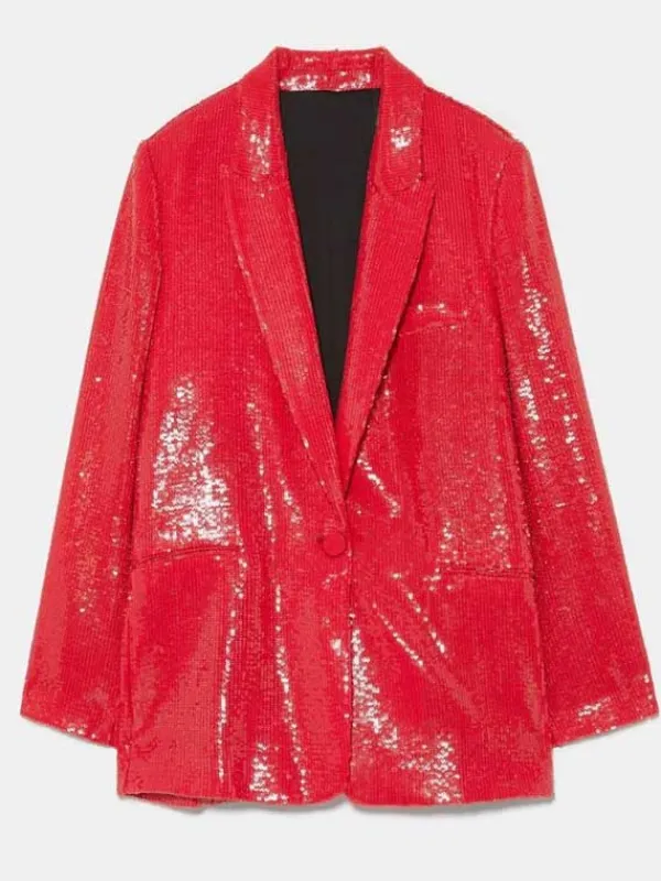 Asal Vision Blazers | Emily in Paris Lily Collins Red Sequin Blazer Red Color