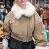 Asal Vision Leather Jackets | Emily In Paris S04 Camille Suede Leather Fur Jacket Light Brown