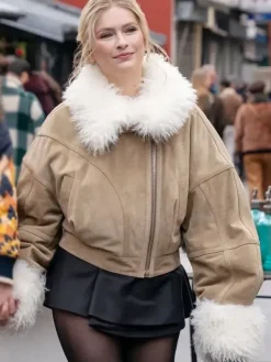 Asal Vision Leather Jackets | Emily In Paris S04 Camille Suede Leather Fur Jacket Light Brown
