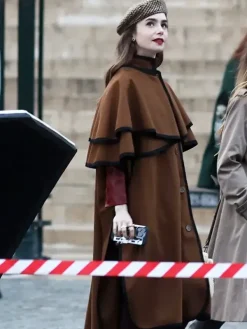 Asal Vision Women Coats | Emily in Paris Season 4 Lily Collins Cape Coat Brown