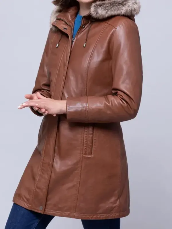 Asal Vision Women Coats | Fur Hooded Leather Coat For Women’s Tan