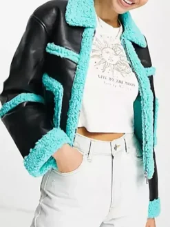 Asal Vision Black Jackets | Leather Jackets | Girls5eva S02 Wickie Roy Leather Shearling Jacket Black & Blue