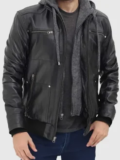 Asal Vision Black Jackets | Leather Jackets | Hooded Style Bomber Leather Jacket For Men’s Black