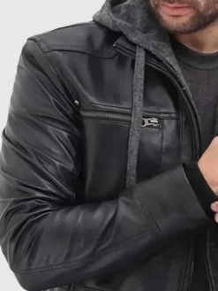 Asal Vision Black Jackets | Leather Jackets | Hooded Style Bomber Leather Jacket For Men’s Black