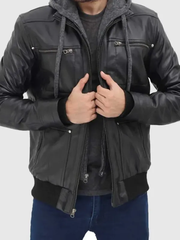 Asal Vision Black Jackets | Leather Jackets | Hooded Style Bomber Leather Jacket For Men’s Black
