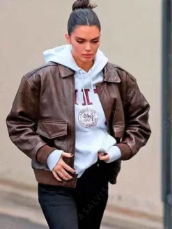 Asal Vision Leather Jackets | Kendall Jenner Street Style Bomber Leather Jacket Brown