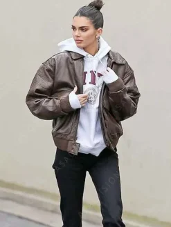 Asal Vision Leather Jackets | Kendall Jenner Street Style Bomber Leather Jacket Brown