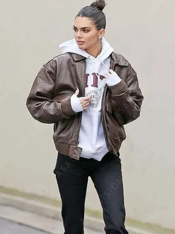 Asal Vision Leather Jackets | Kendall Jenner Street Style Bomber Leather Jacket Brown
