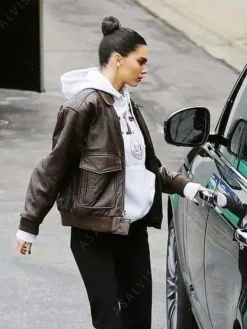 Asal Vision Leather Jackets | Kendall Jenner Street Style Bomber Leather Jacket Brown