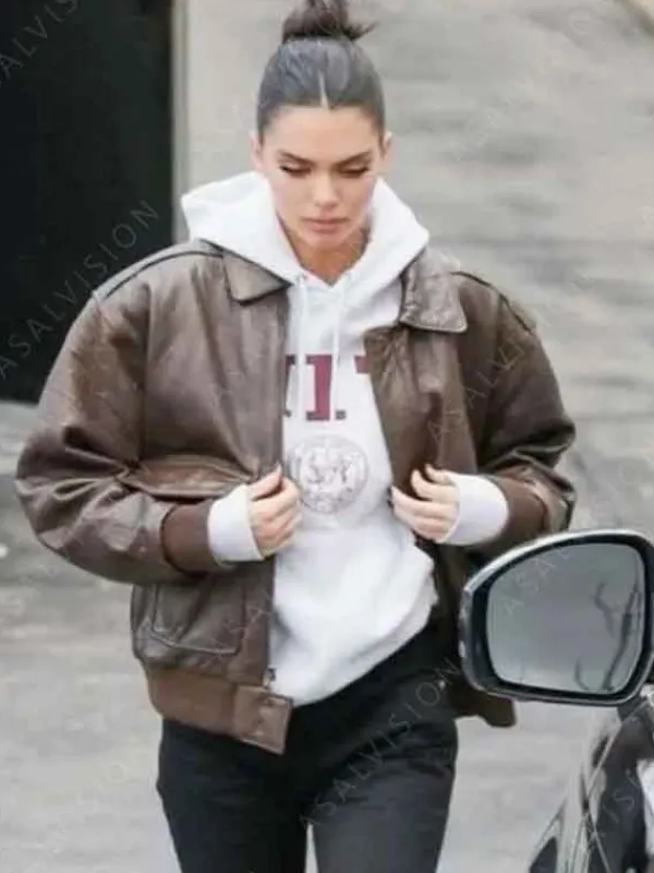 Asal Vision Leather Jackets | Kendall Jenner Street Style Bomber Leather Jacket Brown