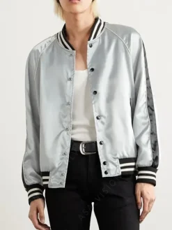 Asal Vision Leather Jackets | Lady Gaga Varsity Bomber Jacket Silver