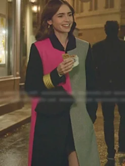 Asal Vision Women Coats | Lily Collins Emily in Paris Color Block Trench Coat Color: Pink, Grey And Black