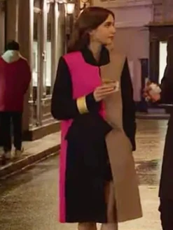 Asal Vision Women Coats | Lily Collins Emily in Paris Color Block Trench Coat Color: Pink, Grey And Black