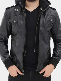 Asal Vision Black Jackets | Leather Jackets | Mens Bomber Hooded Fashion Leather Jacket Black