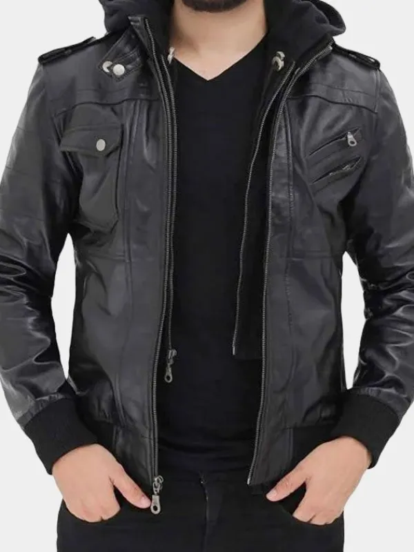 Asal Vision Black Jackets | Leather Jackets | Mens Bomber Hooded Fashion Leather Jacket Black